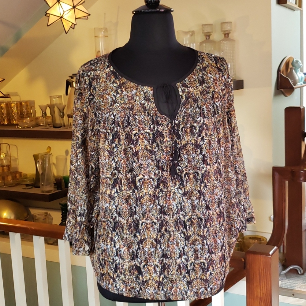 Zac & Rachel Womens Black And Dark Yellow Floral Boho Top